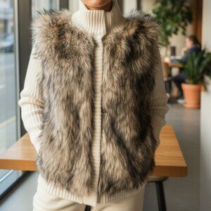 Michael Kors Fur Sweater Jacket Faux fur Cream Brown Button Up Lined Sz M